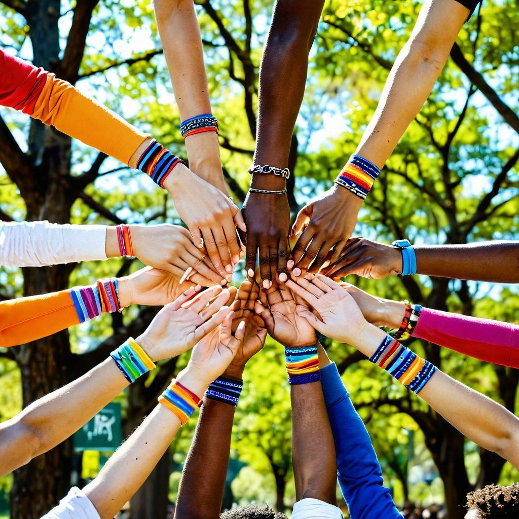 A diverse group of individuals, united in a vibrant outdoor setting, proudly wearing colorful wristbands of various designs symbolizing community solidarity. They are engaged in a collaborative activity, like crafting or sharing stories, with expressions of joy and connection. The background features a sunny park scene with trees and banners promoting unity and support. The image conveys warmth, inclusivity, and a sense of purpose. super-realistic. vibrant colors. outdoor setting.