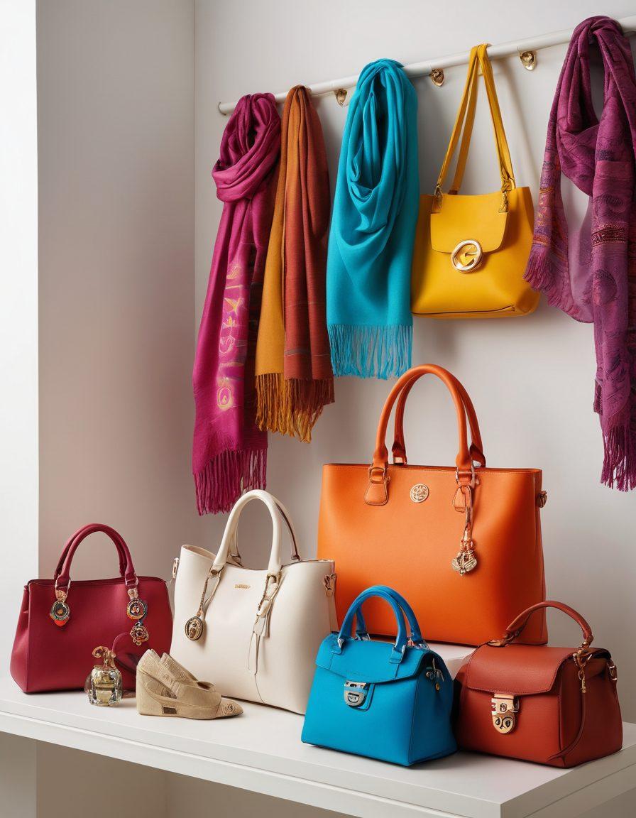 A stylish display of accessories including trendy handbags, jewelry, and scarves, all showcasing vibrant colors and unique designs. In the background, a subtle representation of nonprofit logos and symbols of support, creating a harmonious blend between fashion and charity. Soft lighting enhances the chic appeal, making the accessories the focal point. Emphasize a modern and elegant atmosphere. super-realistic. vibrant colors. white background.