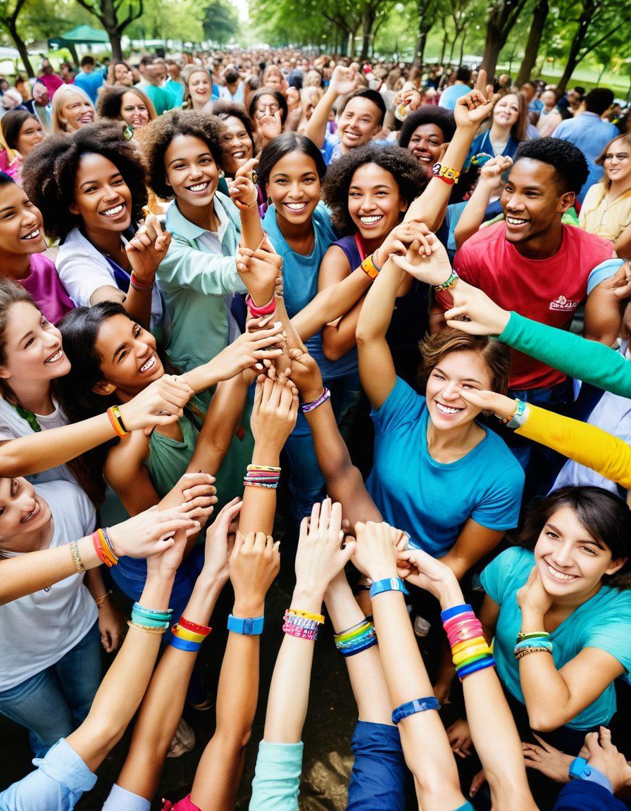 A vibrant scene showcasing a diverse group of people proudly wearing colorful wristbands, symbolizing various charitable causes. The background features a lively community event with booths promoting philanthropy, and smiling faces engaged in conversations and activities. Include elements of nature like green trees and flowers to symbolize growth and positivity. Make it visually striking with a joyful and uplifting atmosphere. super-realistic. vibrant colors. outdoor setting.